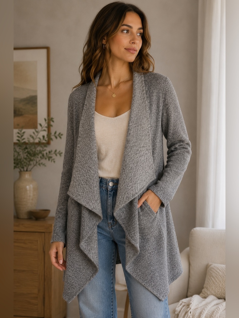 Shannon by Hand Gray Women's Waterfall Cardigan Size S M Cozy Fall Winter